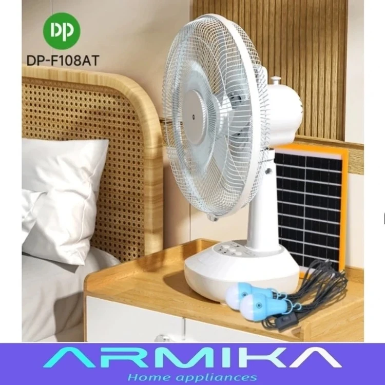 پنکه شارژی و برقی رومیزی 14 اینچی دی پی DP مدل DP-F108AT دارای پنل خورشیدی و دو رشته لامپ سیار